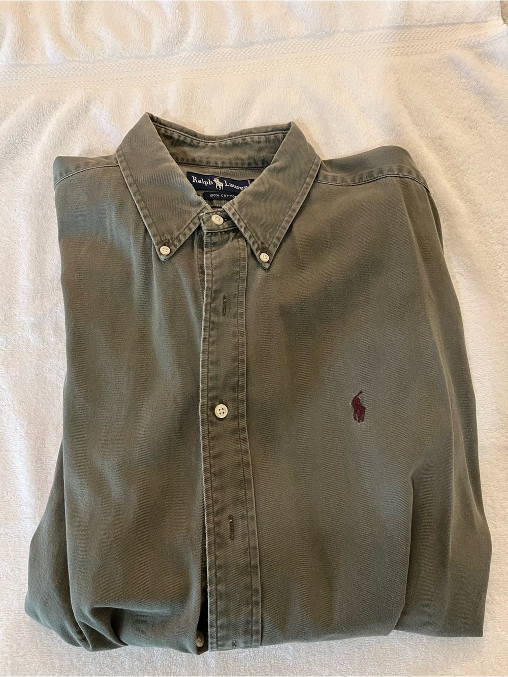 Ralph Lauren Olive Green Button-Down Shirt with Maroon Polo Logo